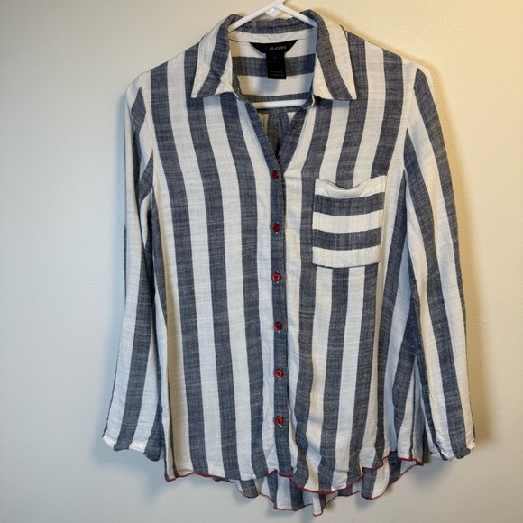 Ali Miles Linen Blend Roll Tab Sleeve Mixed Stripes Button Front Shirt Size XS - Picture 1 of 7
